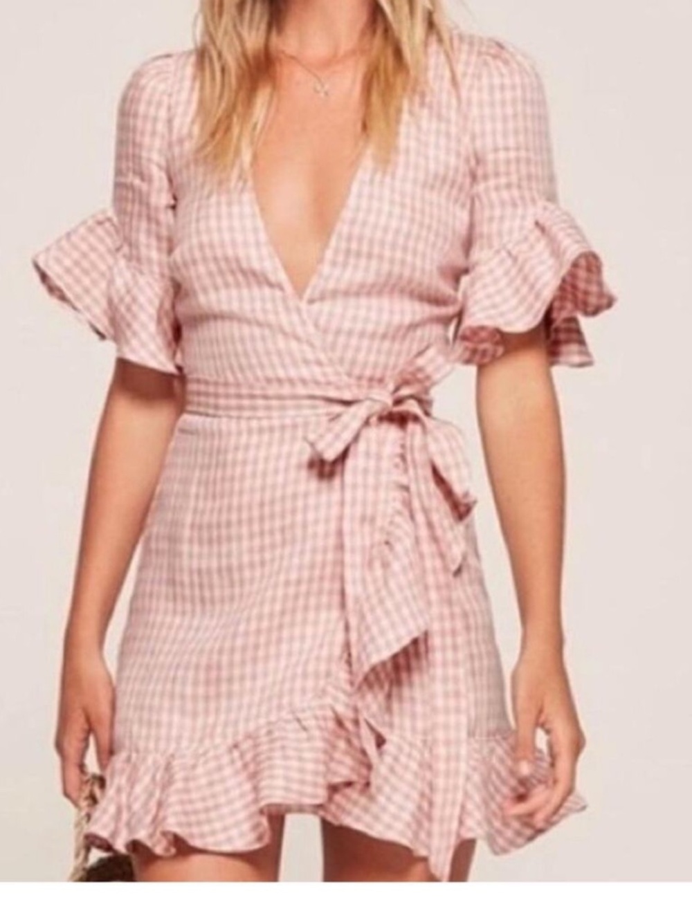 100% LINEN REFORMATION pink Gingham Wrap Mini Dress with Ruffle Hem